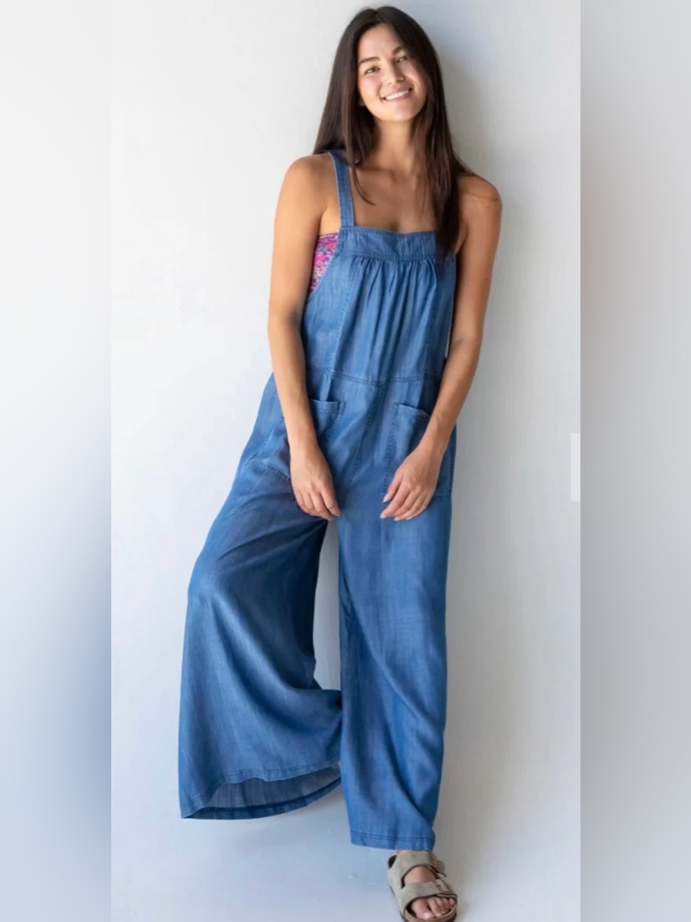 Blue Wide-Leg Denim Jumpsuit Overalls